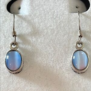 Sterling Silver and Blue Oval Cat's Eye Moonstone Gem Dangle Earrings